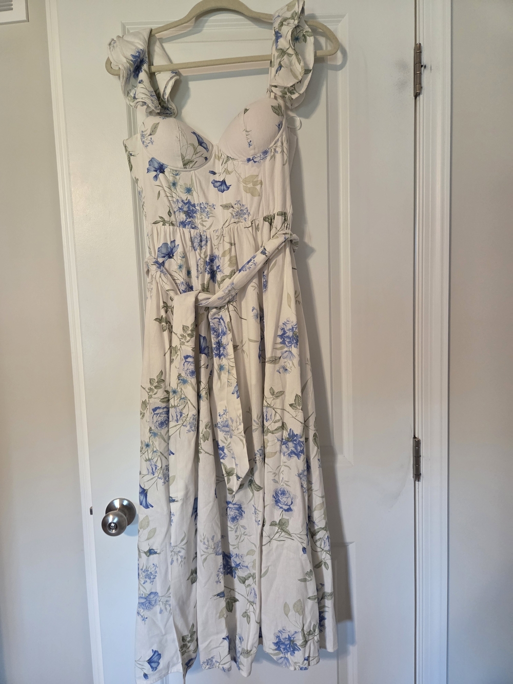 V. Chapman Vera corset midi dress featuring a charming blue floral print